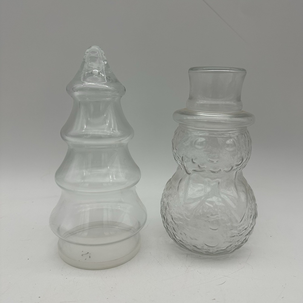 2‎ Clear Glass Christmas Tree And Snowman Apothecary Jars 6.5" & 7.5" Tall